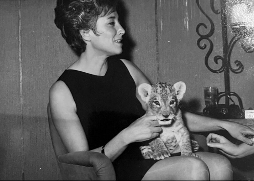 A woman seated in a chair holds a lion cub in her lap, with one hand underneath the cub's chin. The woman is wearing a sleeveless dress and is looking to the side.