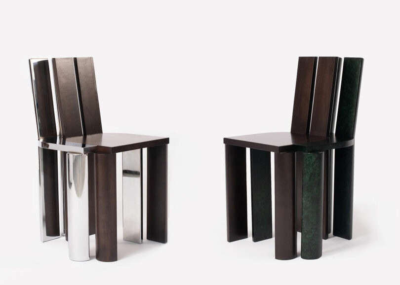 Two modern chairs with geometric designs. One chair has a shiny metallic element, while the other features a dark textured surface. Both have symmetrical, vertical backrests.