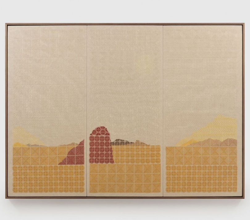 A triptych artwork depicting a stylized desert landscape with mountains, featuring geometric patterns in shades of beige, brown, red, and yellow.