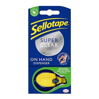 Sellotape On-Hand Dispenser With Super Clear Tape, Both Hands Free for Crafting and Wrapping, Includes Refillable Dispenser & Extra Sticky Clear Tape (18mm X 15m)