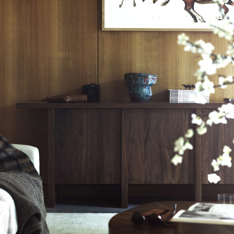 A wooden sideboard with a camera, ceramic vase, and stacked books. A wall-mounted artwork and a blurred plant in the foreground.