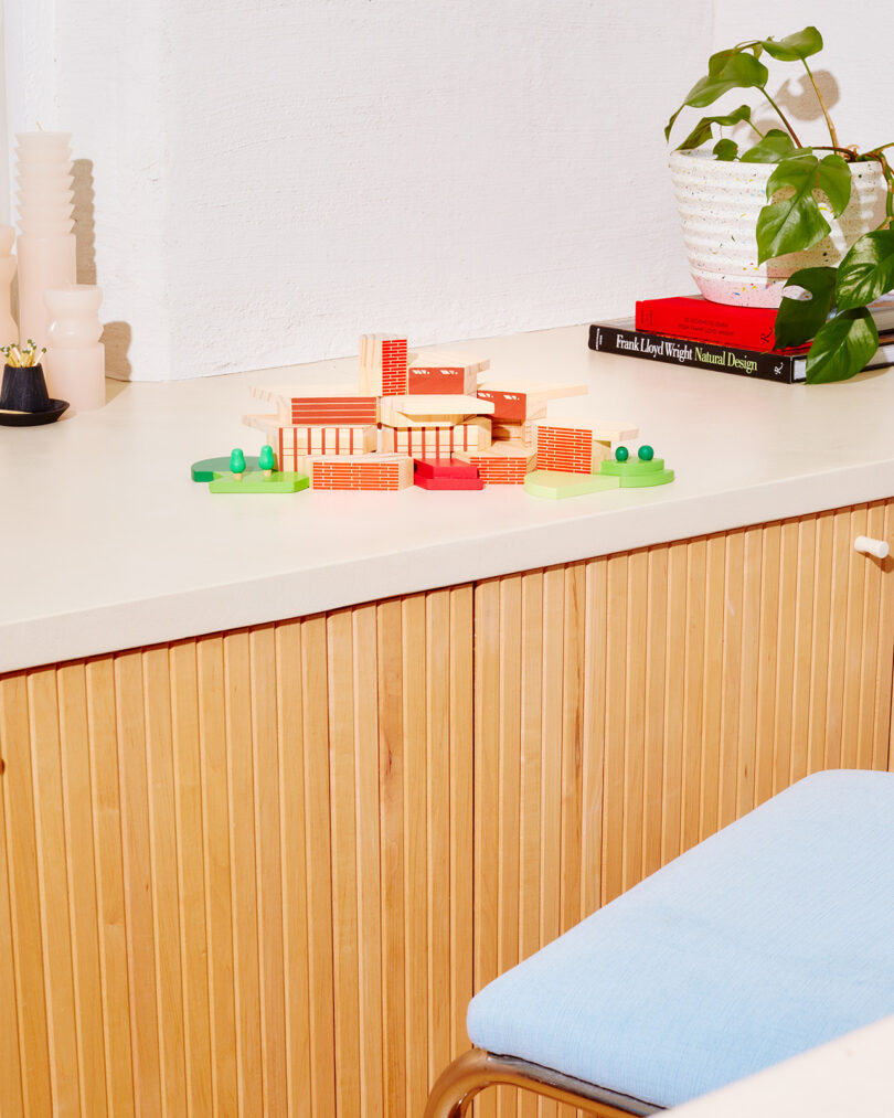 A table with wooden architectural blocks, a potted plant, and a book about Frank Lloyd Wright.