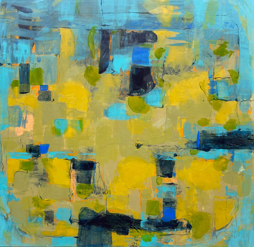 Abstract painting by Dan Harden featuring yellow, blue, and green patches, complemented by black and orange accents, forming a stunning mosaic-like pattern.