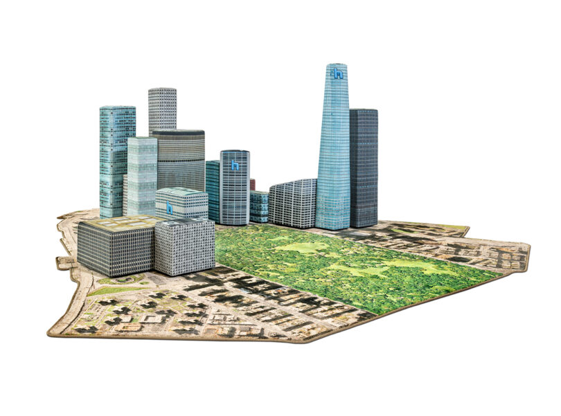 A 3D model of a cityscape featuring various modern skyscrapers and a large green park area in the center.