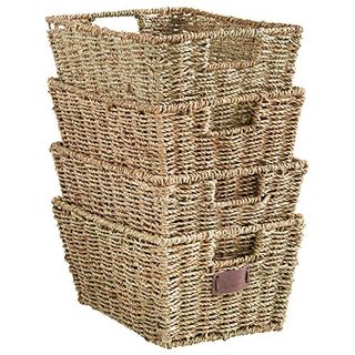 Vonhaus Seagrass Storage Baskets, Set of 4 Hand-Woven Display Hampers - Bathroom Storage Baskets for Shelves - Nesting Natural Wicker Seagrass Baskets for Storage W/handles for Bedroom & Home Office