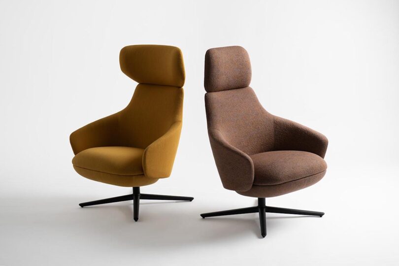 Two modern armchairs with high backs and swivel bases, one in mustard yellow and the other in brown, set against a plain white background