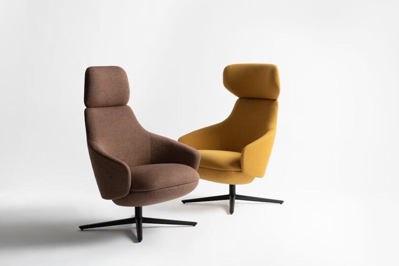 Two modern swivel chairs, one brown and one yellow, with high backs and black bases, on a white background