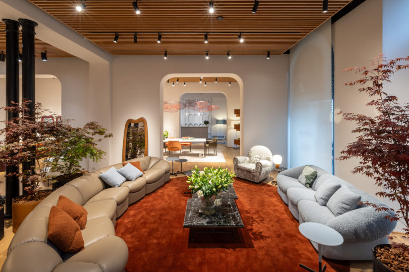 Modern living room with curved sofas, red rug, and leafy plants. Marble coffee table at center. Recessed lighting and wooden ceiling add warmth. Arched doorway leads to another seating area