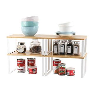 4-Pack Bamboo Kitchen Shelf Organizer for Cabinet, Expandable & Stackable Counter Cupboard Organiser, Storage Rack for Bathroom, Kitchen, Laundry Room White