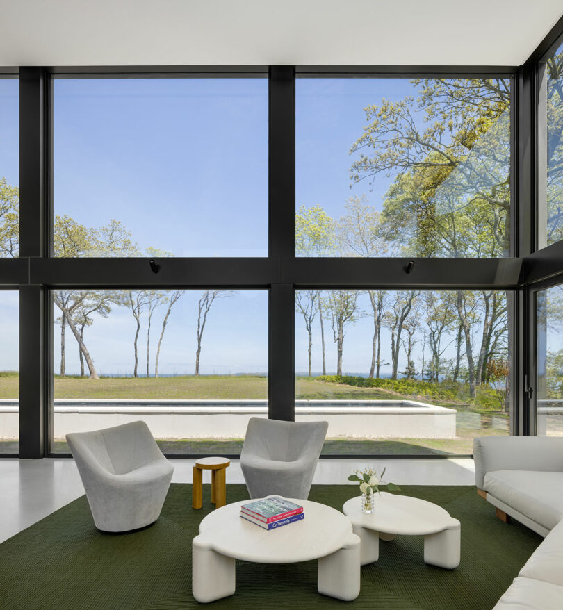 Modern living room with large windows showing a scenic outdoor view. Features white armchairs, a green rug, and white coffee tables with a stack of books and a small vase with flowers.