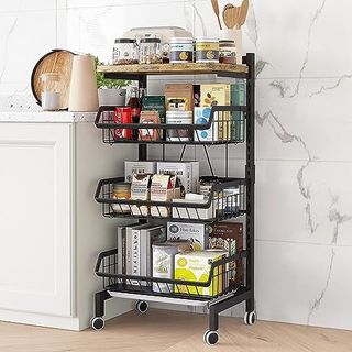 Umdonx Vegetable Storage Rack,kitchen Trolley,vegetable Trolley on Wheels,4 Tier Kitchen Vegetable Storage Trolley Black Metal 15.4