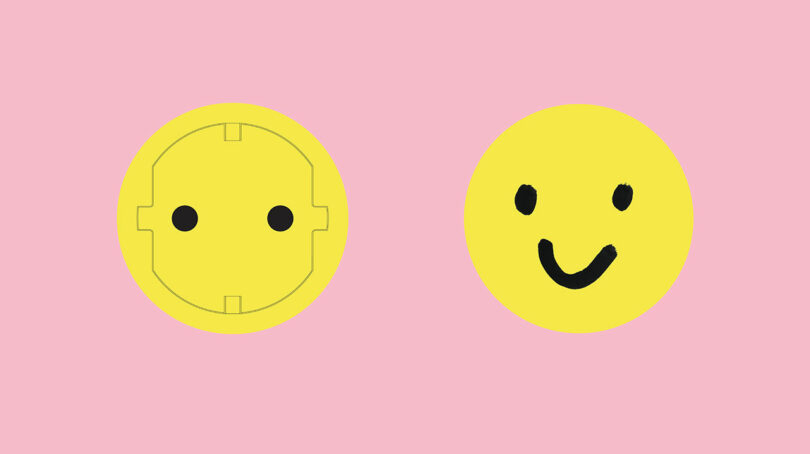 A yellow European electrical socket sits alongside a smiley face, both cheerfully perched on a pink background, almost as if inviting you to take a seat on an imaginary Smiley Chair.