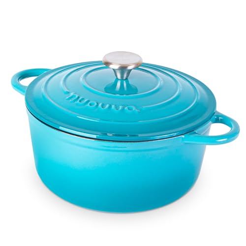 Cast Iron Pot With Lid – Non-Stick Ovenproof Enamelled Casserole Pot, Oven Safe Up to 500° F – Sturdy Dutch Oven Cookware – Blue, 5-Quart, 24cm – by Nuovva
