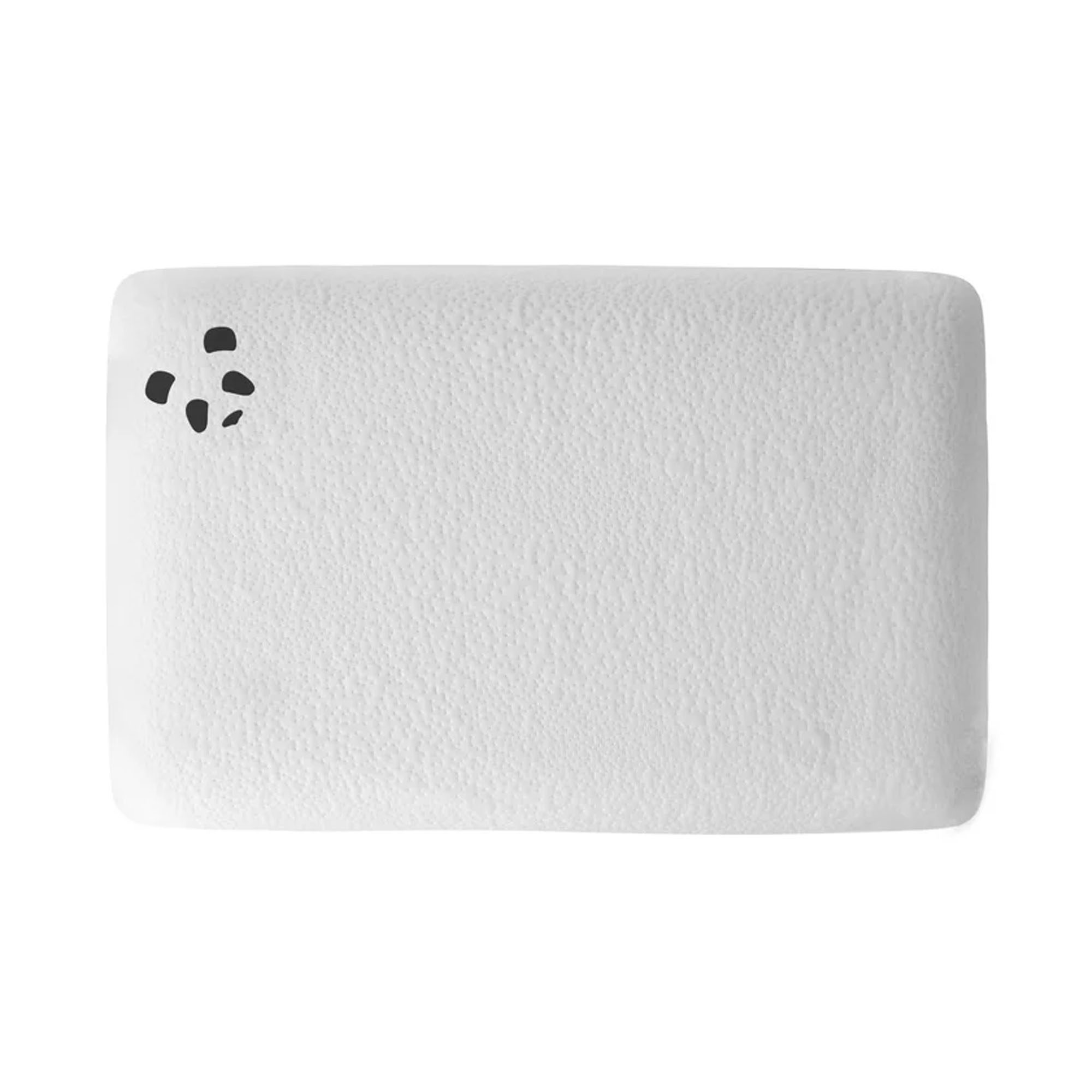 A white memory foam pillow with a black embroidered panda logo on the top right corner