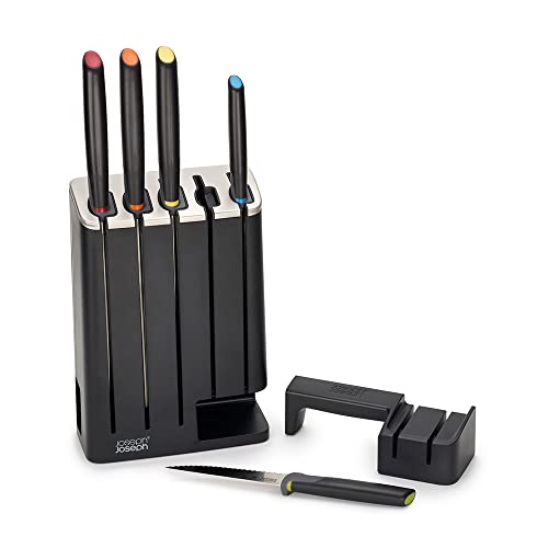 Joseph Joseph Elevate Knives Slimblock Stainless Steel 5 Piece Kitchen Knife Block Set With Ceramic Sharpener – Black
