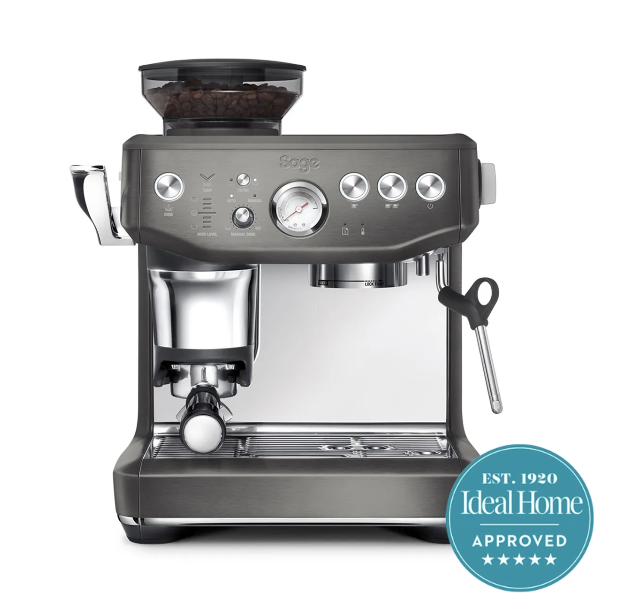 The grey Sage Barista Express Impress machine on a white background with an Ideal Home approved 5-star rating badge