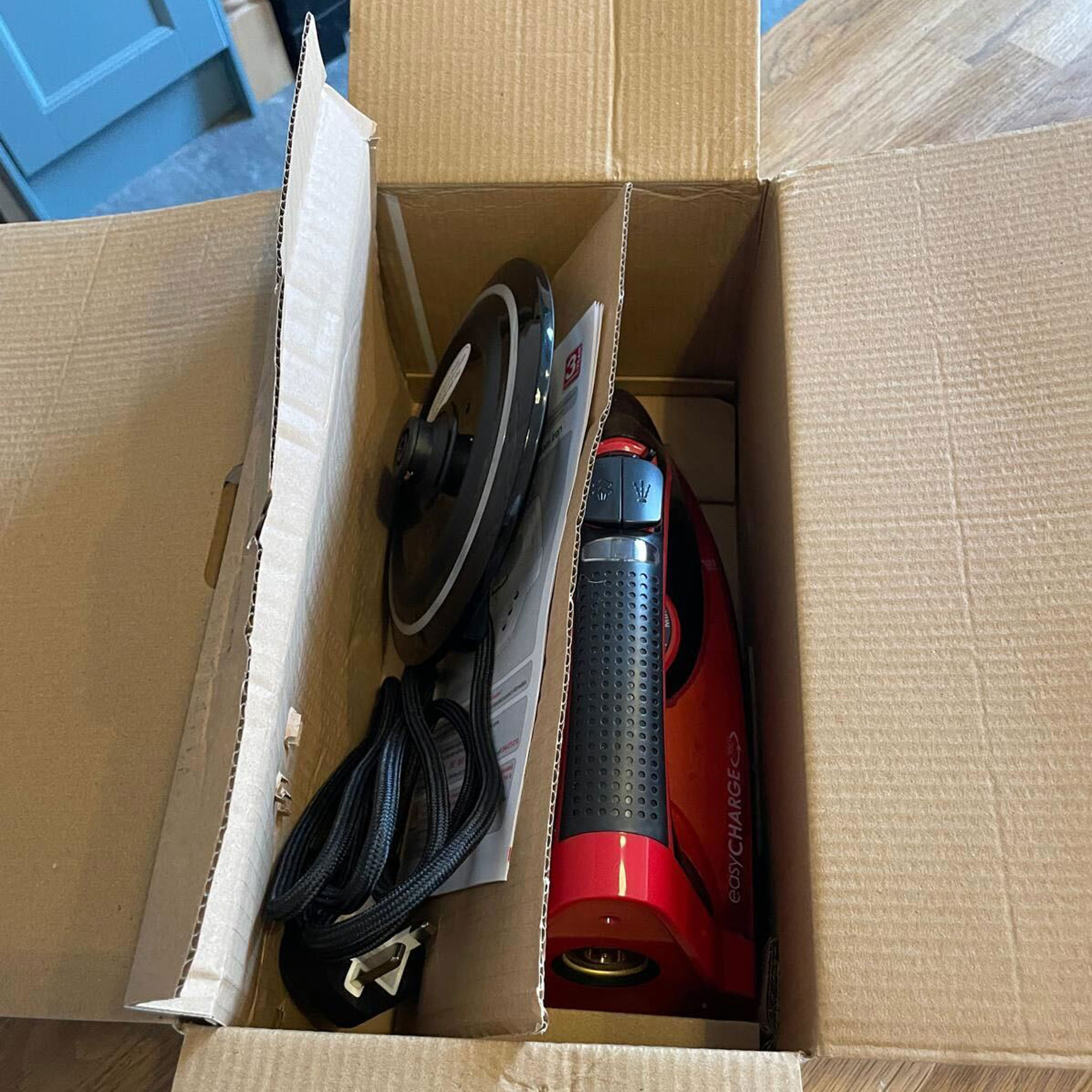 morphy richards easycharge iron in an open box