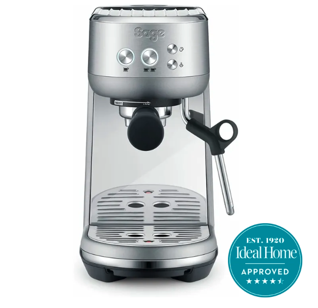 Stainless steel Sage espresso machine on a white background with a 4.5 star Ideal Home approved badge