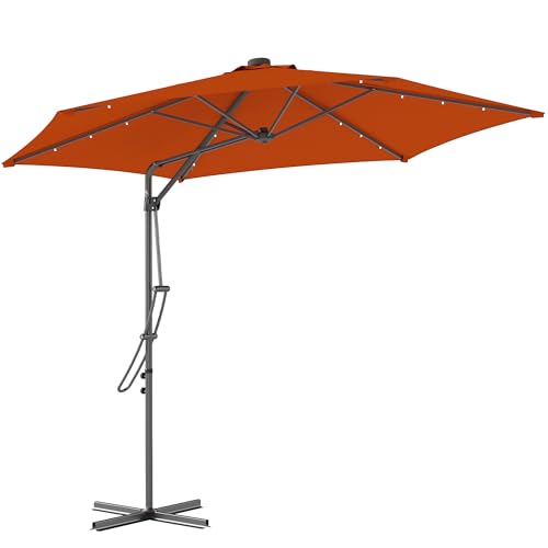 Outsunny 3(m) Cantilever Parasol With Solar Led and Easy Lever, Garden Parasol Umbrella With Cross Base and Waterproof Cover, Outdoor Sun Shades, Orange