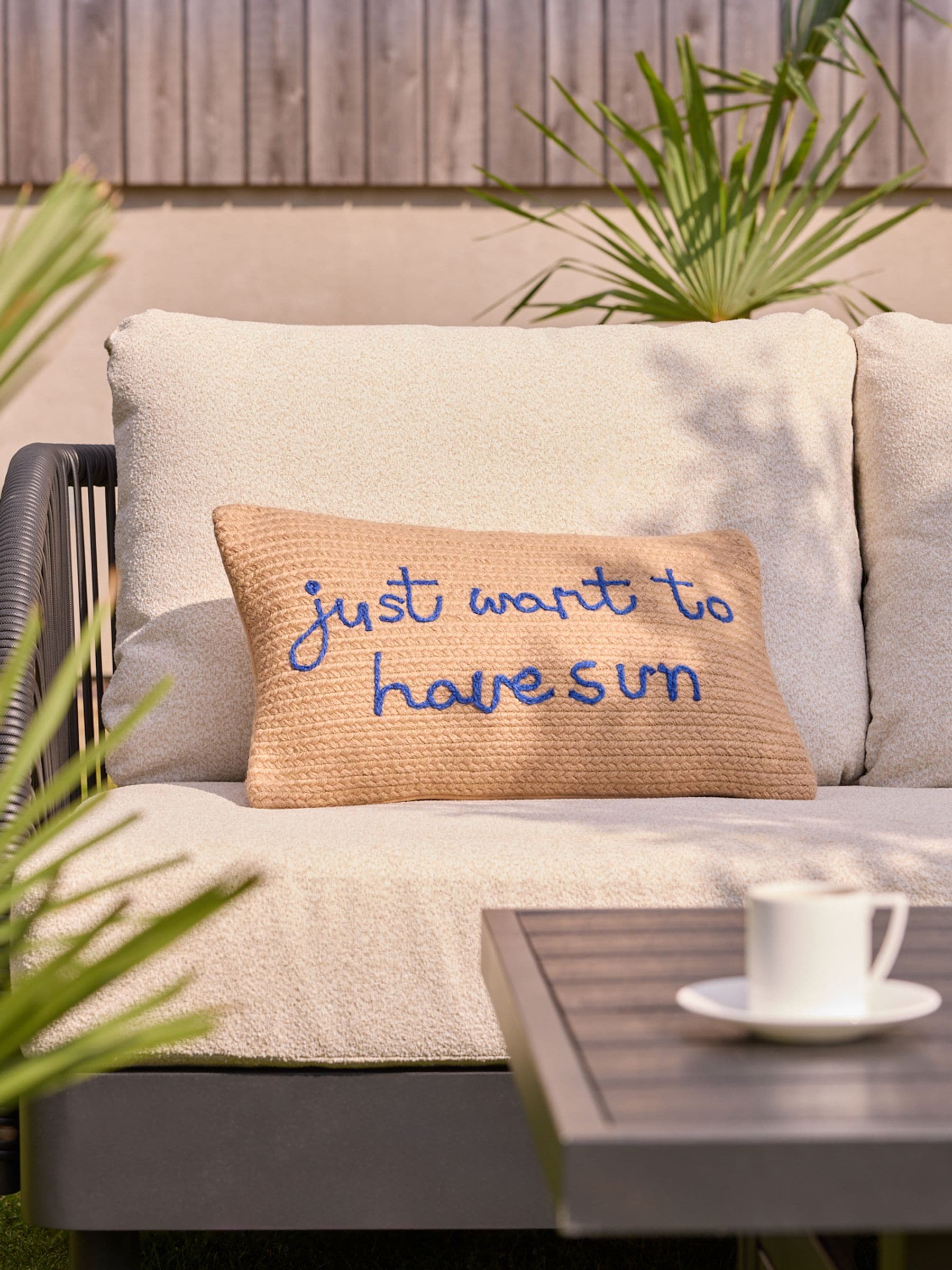 Blue Indoor Outdoor Jute Sun Slogan Cushion