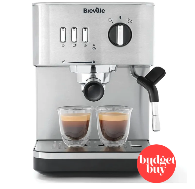 Breville bijou coffee machine dispensing coffee into two espresso cups with a red budget buy badge