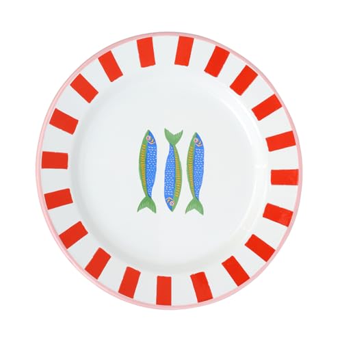 Talking Tables Bon Appetit Handmade Enamel Plate With Fish Design - Durable, Side Dish Lightweight, Perfect for Outdoor Dining, Picnic, Camping, and Beach Summer Tableware Dishwasher Safe 20cm