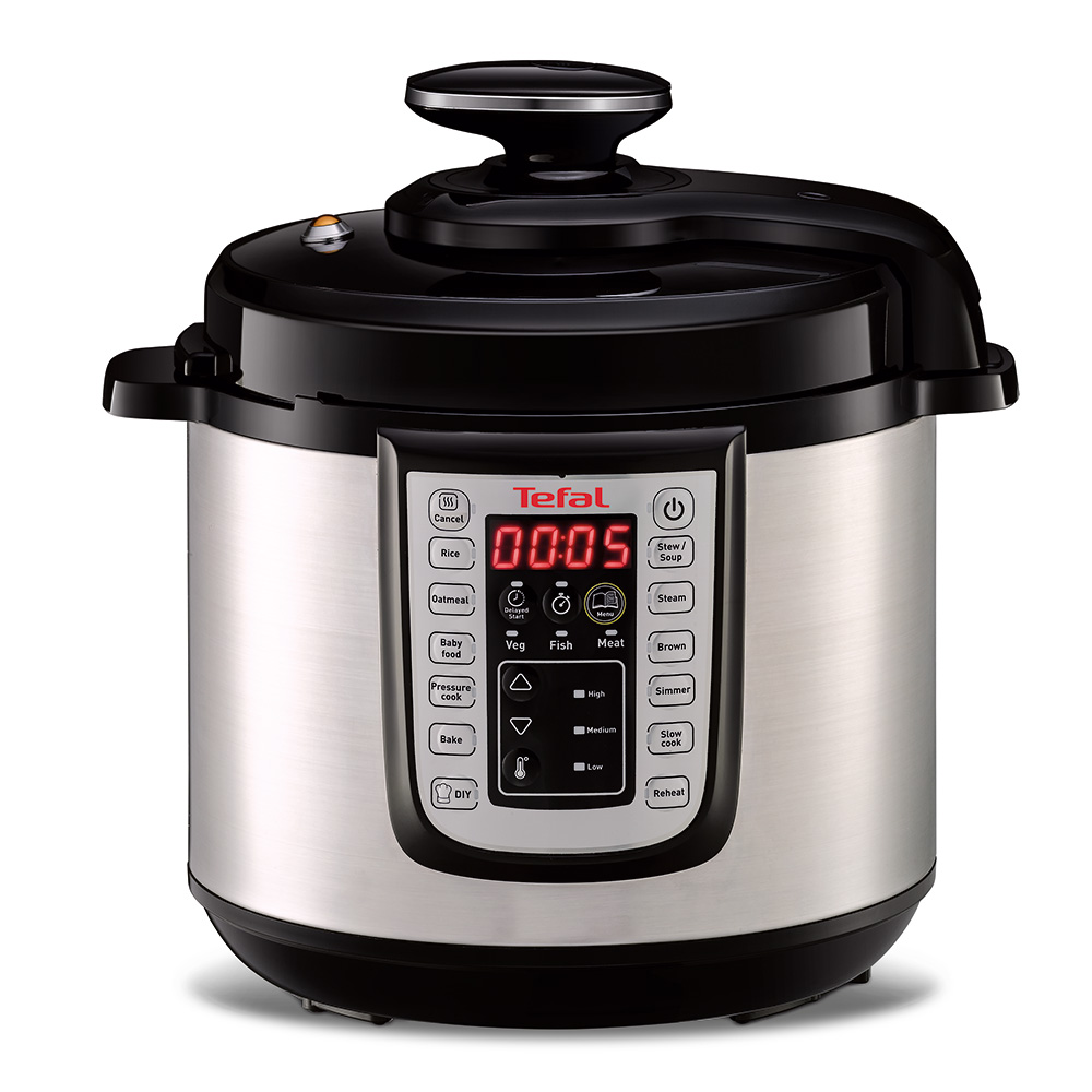 Tefal silver rice cooker with digital display and black lid. Ideal Home approved badge. 