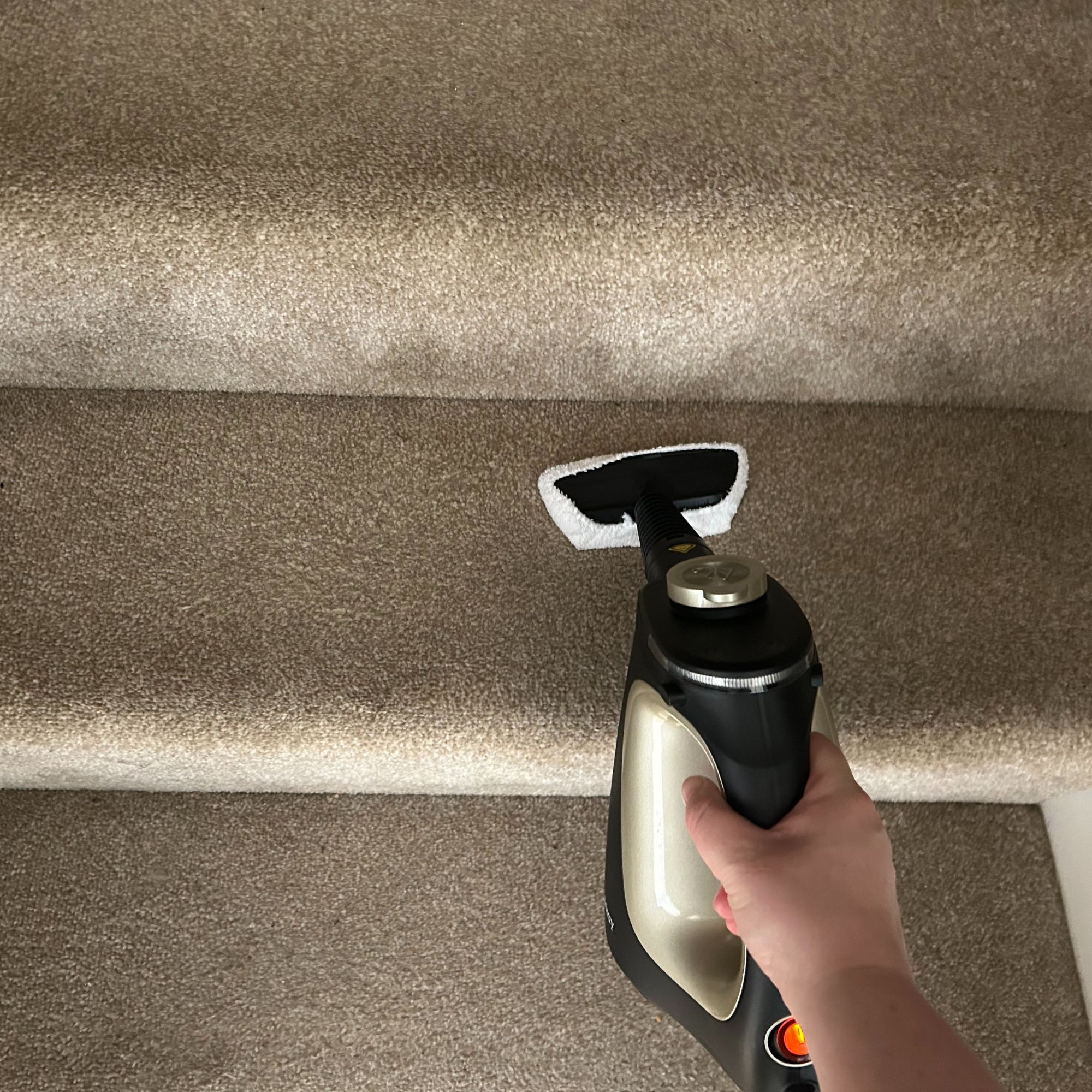 Beldray steam cleaner upholstery attachment on stair carpet