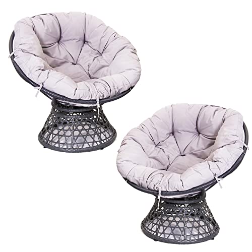 Signature Homes and Gardens Sh&g Rattan Swivel Chair 2 Seat Set | 360 Papasan Moon Chairs | Grey Rattan With Grey Cushions | Indoor & Outdoor