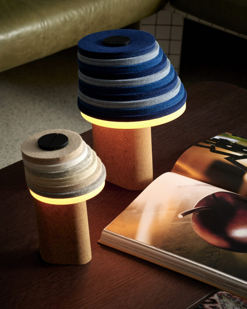 Two Stackabl table lamps with layered felt shades in blue and grey tones rest on a wooden surface, next to an open book featuring a fruit image