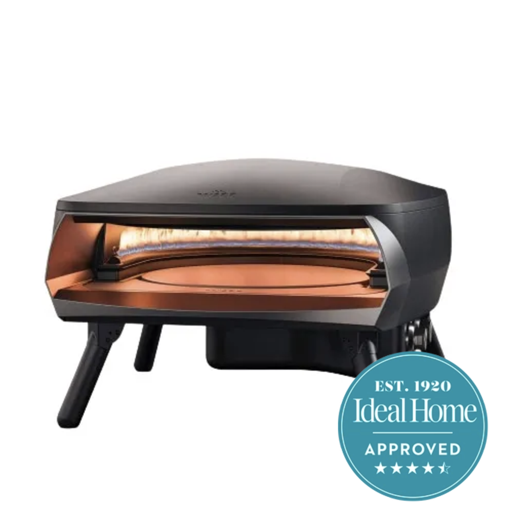 A black pizza oven on a white background