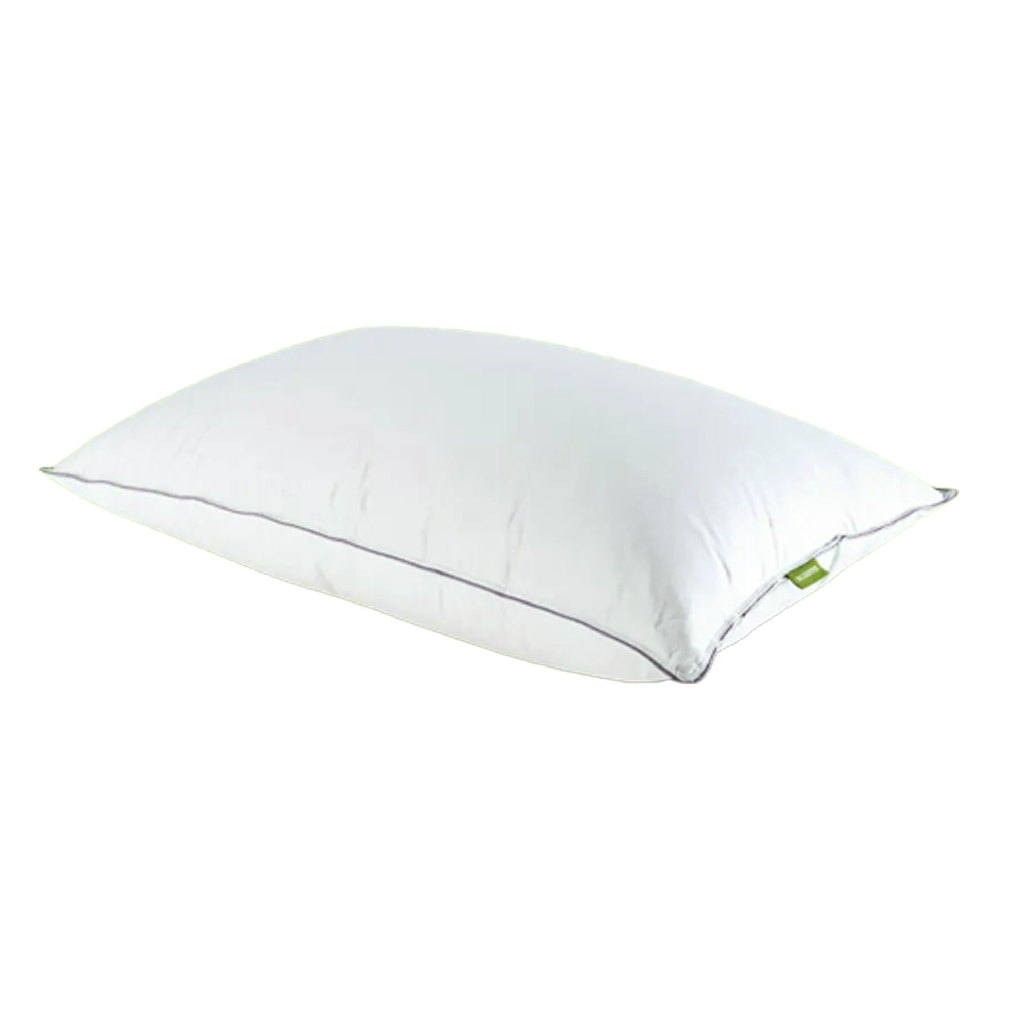 A cut-out image of a white feather and down pillow with grey edging