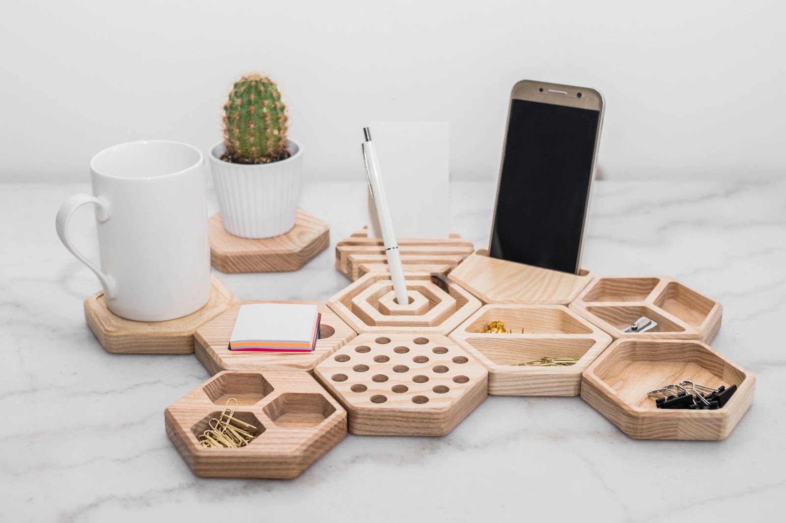 wooden table organisers in hexagon design for pens pensils phone holder cup holder