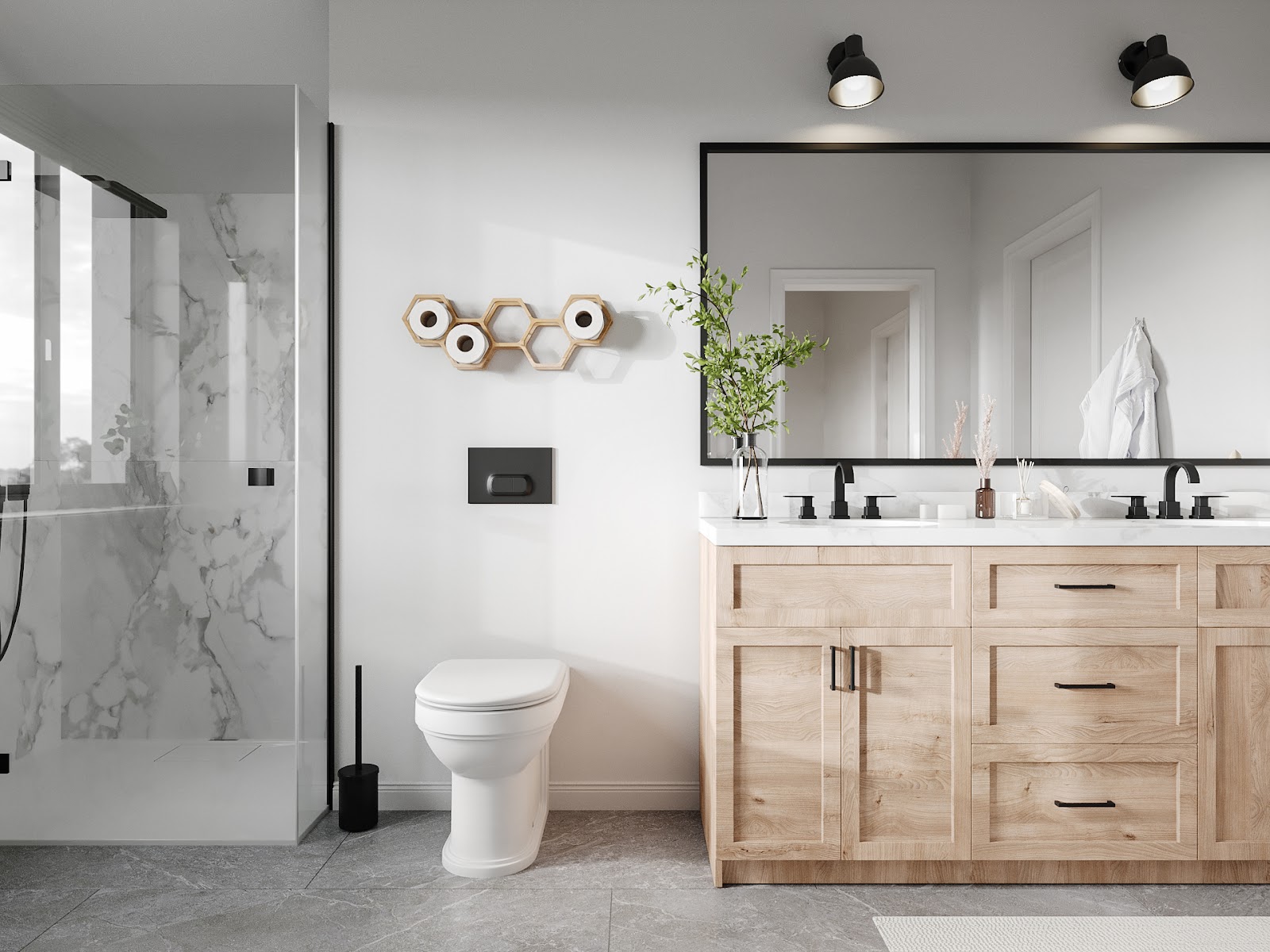 toilet paper holder honeycomb ashwood with toilet rolls inside hanged in a bathroom modern look